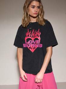 SHEINNeu Women's Summer Heart & Flame Print Round Neck Short Sleeve Casual T-Shirt - Black - View 3