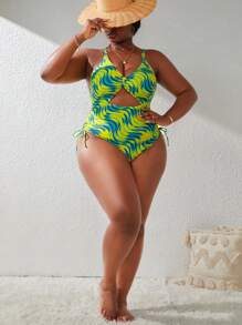 SHEIN Swim Curve Plus Size Summer Beach Allover Print Drawstring Ruched Cutout Front One Piece Swimsuit In Colorful - Multicolor - View 6