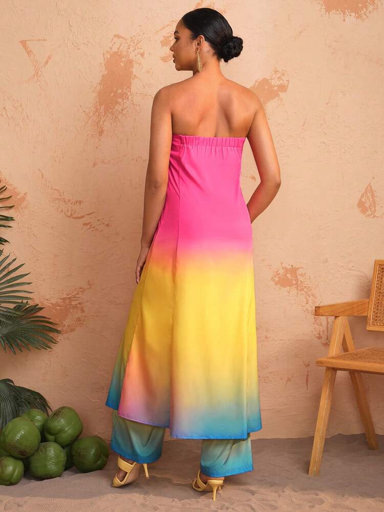 Designer Boho Bohemian Women Gradient Color Printed Tube Top And Pants Set, For Summer, Holiday, Vacation, Spring, Going Out, Festival, Ibiza Fits