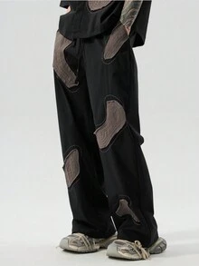 Nam Khối màu Vá lại Eo dây rút Giải trí Thẳng Quần - màu đen - Xem 3