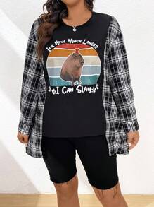 Flirla Plus Size Casual Plaid Spliced Cartoon Slogan Print 2 In 1 Shirt
