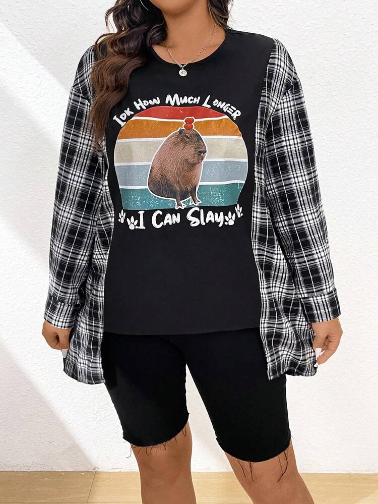 Plus Size Casual Plaid Spliced Cartoon Slogan Print 2 In 1 Shirt