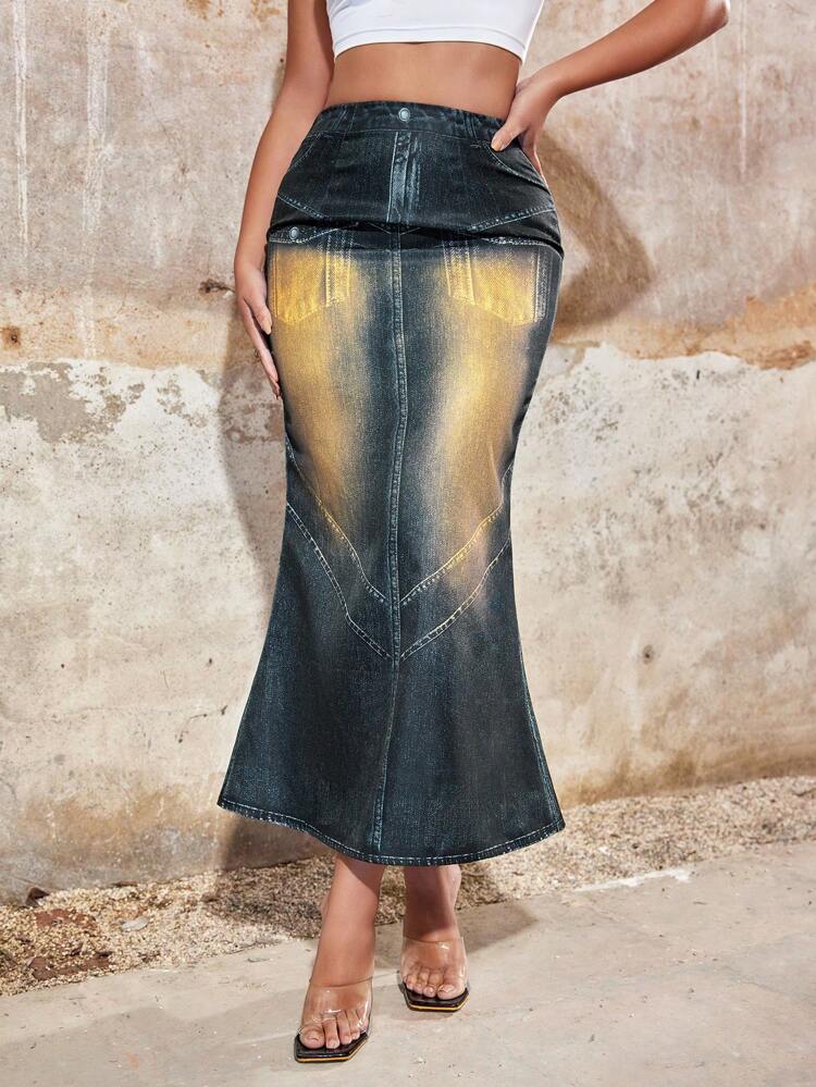 Casual Spring/Summer Denim Effect A-Line Skirt With Fish Tail Hem Cargo Western Wear Grunge Punk Y2k Grunge