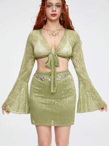 ROMWE Fairycore 女性性感玫瑰圖案包裝深V領前綁帶波浪袖上衣和裙子套裝 - 綠色 - 查看 2