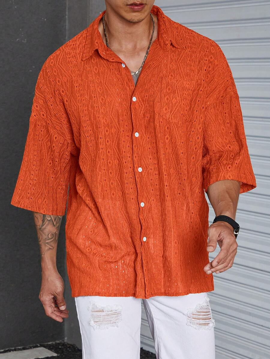 Manfinity Homme Men Summer Casual Casual Hollow Knit Short-Sleeved Shirt
