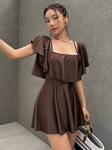 DAZY Women One-Piece Conservative And Elegant Vacation Hot Spring Swimsuit Summer,Ruffle