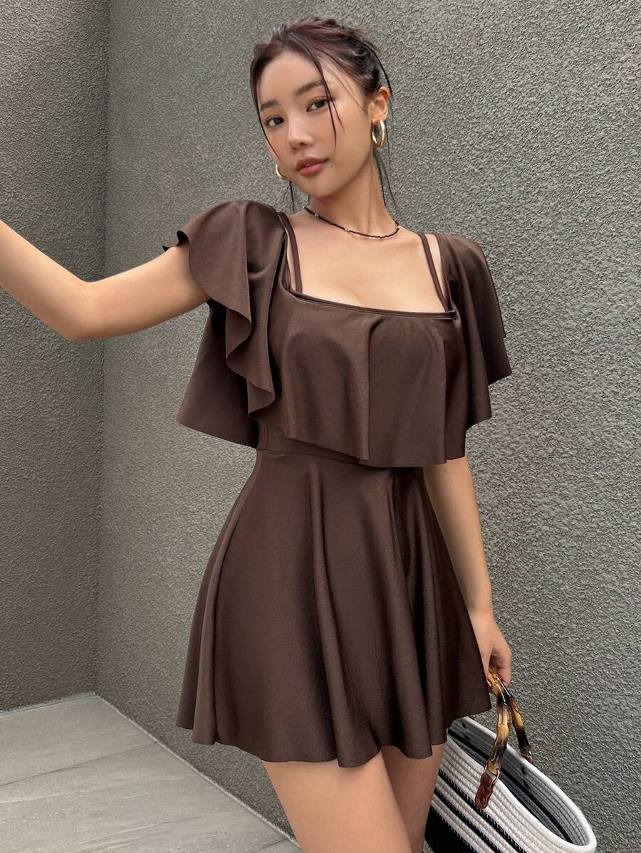 DAZY Women One-Piece Conservative And Elegant Vacation Hot Spring Swimsuit Summer,Ruffle