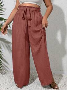 SHEIN VCAY Plus Paperbag Waist Belted Wide Leg Summer Pants - Redwood - View 4
