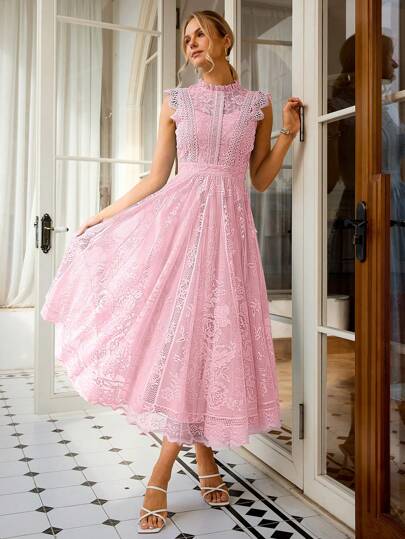 Simplee Women's Elegant Vintage Lace A-Line Dress, Party Dress, Wedding Dress, Birthday Dress, Graduation Dress Summer Pink