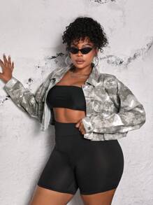 SHEIN SXY Kích thước lớn NỮ Ngắn Áo khoác denim Với Nhuộm buộc Và Thiết kế túi Cho mùa xuân & Mùa thu - Nhiều màu - Xem 5