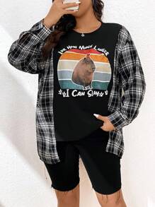 Flirla Plus Size Casual Plaid Spliced Cartoon Slogan Print 2 In 1 Shirt