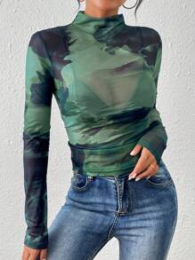 Chiquease 女性性感染色漸變漏背漏肩漏胸高領透視上衣