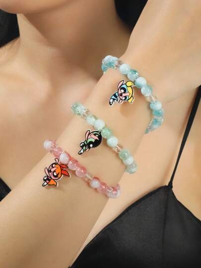 The Powerpuff Girls | ROMWE Set Of 3 Cartoon Patterned Glass Bead Bracelets
