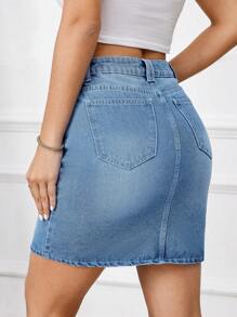 SHEIN Tall High-Waisted Denim Skirt With Belt, Pockets And Buttons