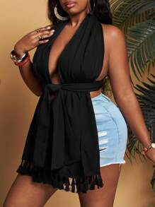 Slaydiva Haut De Soirée À La Mode Pour Femmes De Grande Taille Avec Multiples Options De Port Et Design De Dossier Ouvert - Noir - Voir 5