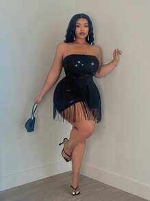 Slaydiva Kích thước lớn Liên hoan âm nhạc Lấp lánh Sọc Áo Bandeau - màu đen - Xem 3