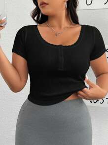 SHEIN EZwear Kích thước lớn Chất rắn Gân đan To lớn Vòng cổ Chèn Lace Co giãn Áo thun - màu đen - Xem 1