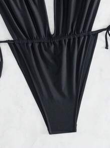 Swim SXY 女士純色深V領吊帶性感泳衣，度假必備 - 黑色 - 查看 6