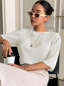 DAZY 實心的凸紋針織滴肩t卹 - 白色 - 查看 3
