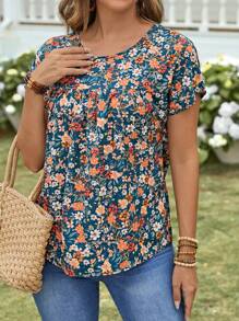 EMERY ROSE Women's Floral Print Round Neck Short Sleeve Casual Blouse