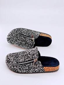 roulvxiang New Sparkling Black Slip-On Sandals For Beach, Home And Vacation Wear - Women Fluffy Slide Flat Sandals - Graphite Black - View 2