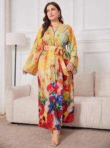 Al Najma Women Plus Size Flower Print Arabian Modest Long Sleeve Dress - Yellow - View 3