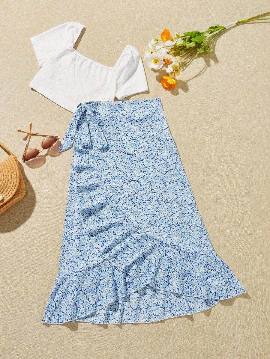 Soleia Ensemble jupe et crop top décontracté d'été avec encolure carrée, imprimé floral et garniture à volants - Multicolore - Voir 1