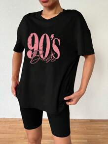 BamGleam 女士夏季宽松落肩 T 恤，字母印花，简约风格，超大版型图案 T 恤女上衣 - 黑色 - 查看 3