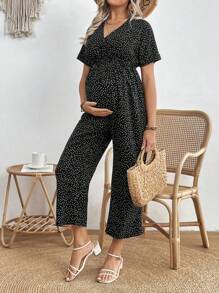 SHEIN Polka Dot Print V-Neck Maternity Jumpsuit With Cinching Waist, Spring/Summer Version. - Black - View 1