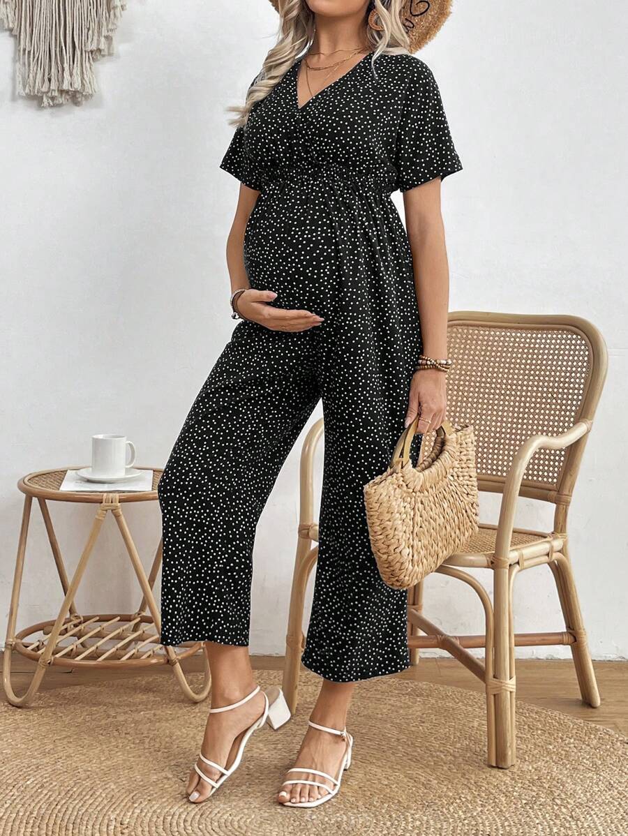 SHEIN Polka Dot Print V-Neck Maternity Jumpsuit With Cinching Waist, Spring/Summer Version. - Black - View 1