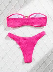 SHEIN Swim Summer Beach Texture Circle Detail Bandeau Bikini Set - Hot Pink - View 2