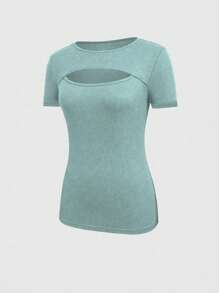 INAWLY 女士夏季實色空心修身短袖T恤 - 藍色 - 查看 4