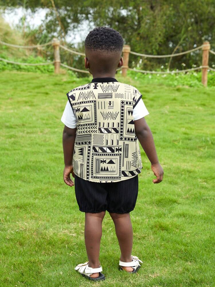 Young Boy Geometric Pattern Block Zippered Jacket With Pocket & Button-Front Shirt And Casual Shorts Two-Piece Set