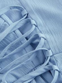 SHEIN MOD 夏季休闲蓝色褶皱泡泡袖腰系带泡泡裙 - 藍色 - 查看 4