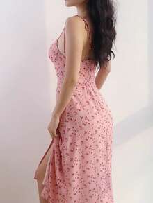 Summer Casual Ditsy Floral V-Neck Sleeveless A-Line Dress With Side Slit - Pink - View 2