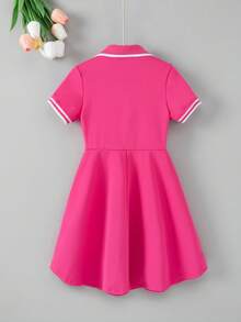 SHEIN Elladie kids Young Girls Heart Print Polo Collar Dress, School, Campus, College - Hot Pink - View 2