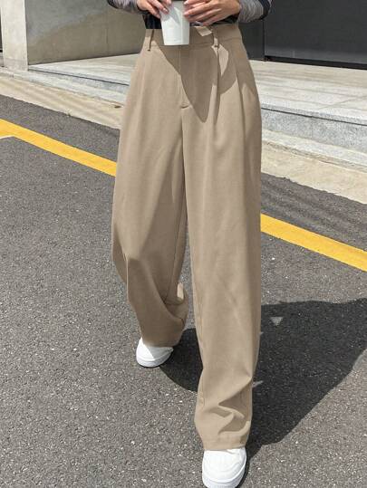 DAZY 女士纯色褶皱阔腿宽松常规裤，女士正装裤秋季