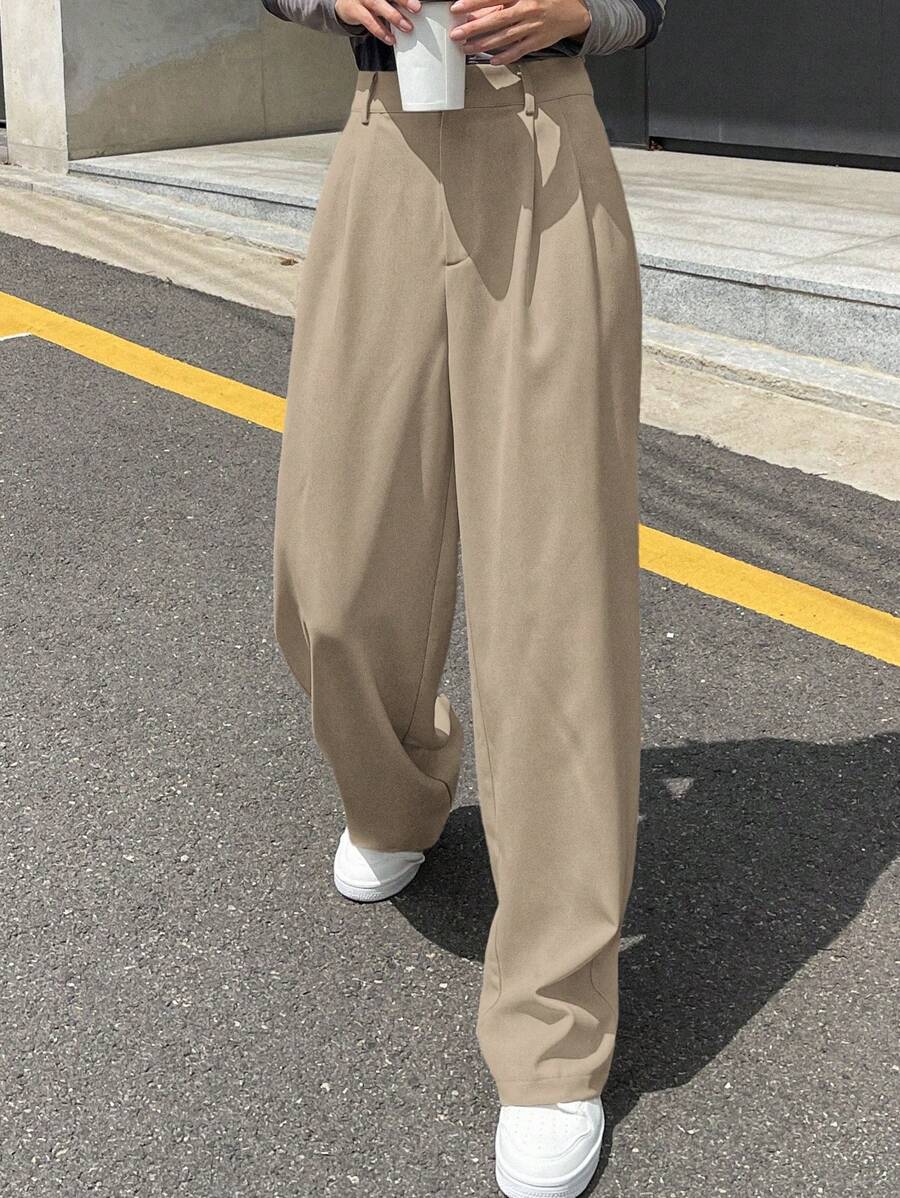 DAZY Women Solid Color Pleated Wide Leg Loose Regular Trousers,Women Dress Pants Fall - Khaki - View 1