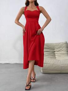 Firerie Vestido largo sin mangas con cuello halter cruzado francés para mujer - Rojo - Ver 4