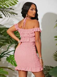 SHEIN SXY Women Summer Holiday Off-Shoulder Ruffle Trimmed And Strap Tie Bodycon Dress - Pink - View 1