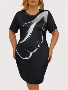 SHEIN LUNE 大尺碼短袖連衣裙，印有臉部圖案 - 黑色 - 查看 5