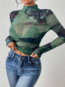 Chiquease 女性性感染色漸變漏背漏肩漏胸高領透視上衣