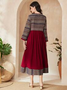 Mulvari Burgundy Red Women's Spring/Summer Geometric Printed Long Sleeve Colorblock Holiday Dress - Burgundy - View 2