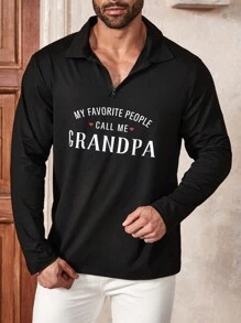 Manfinity Homme Men's Plus Size Letter Printed Half-Zip Polo Shirt With Long Sleeve - Black - View 5