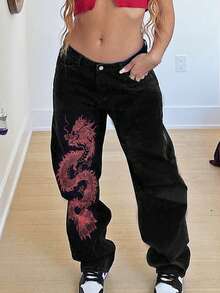 中國龍圖案闊腿牛仔褲 - 黑色 - 查看 5