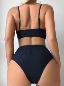 SHEIN Swim 女性時尚蝴蝶裝飾比基尼套裝 - 藏蓝色 - 查看 2