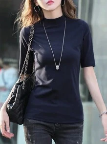 INAWLY Women Summer Solid Color Stand Collar Short Sleeve Casual T-Shirt - Royal Blue - View 3