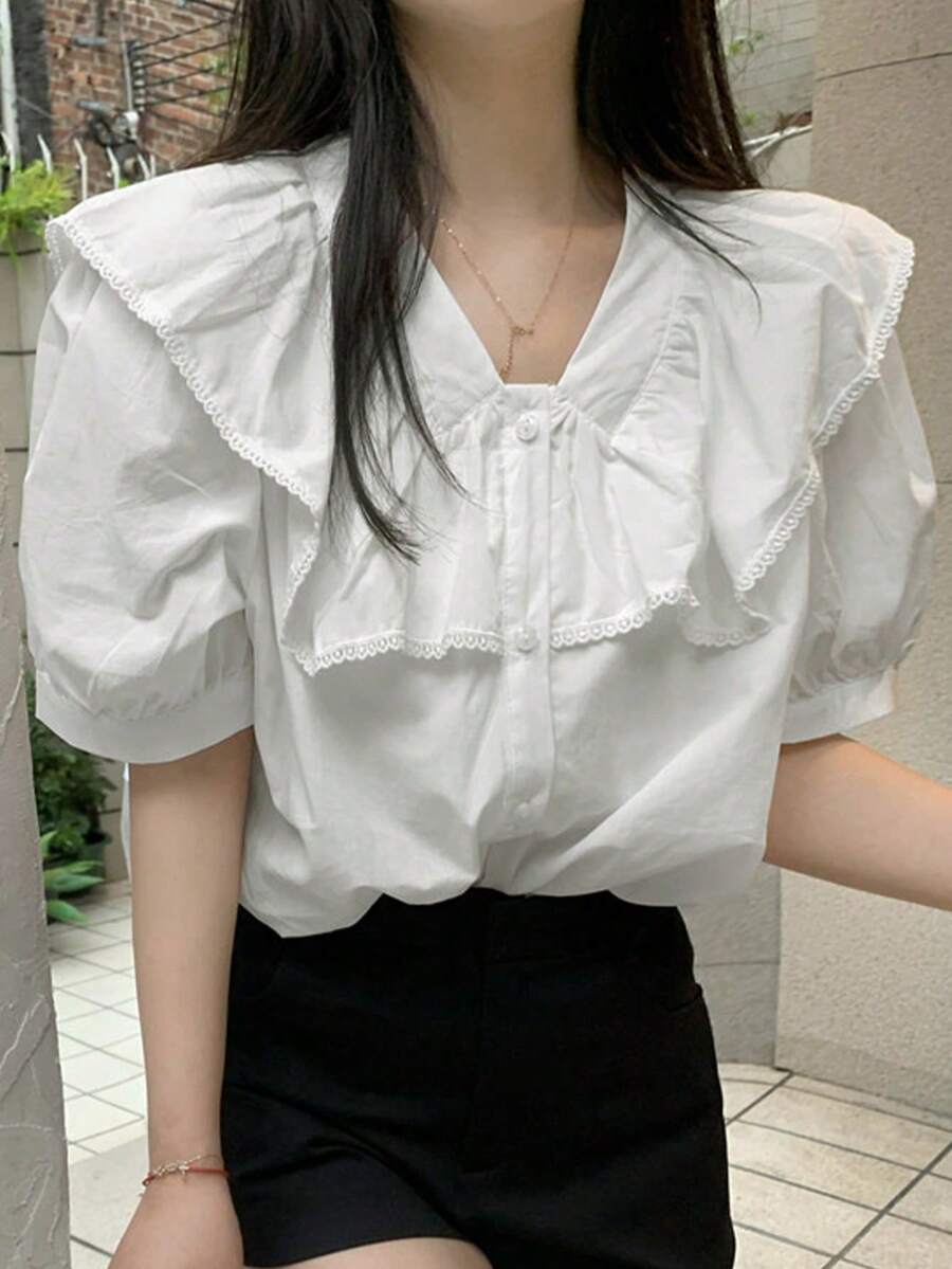 夏季實色泡泡袖寬鬆短袖襯衫,顯瘦且有減齡效果 - 白色 - 查看 1