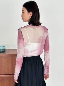 FRIFUL Nhuộm buộc In Đứng cổ áo Contrast Piping Ren Mộc nhĩ mỏng Áo - Hồng - Xem 6