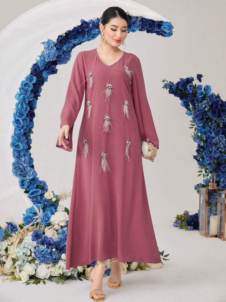 Women's V-Neck Patchwork Fluffy Flare Sleeve Loose Arabic Style Dress
